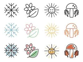 vier Jahreszeiten Symbol Satz, Vektor Zeichen von Winter, Frühling, Sommer- und Herbst, schwarz Linie, Farbe und groovig Stil Piktogramme