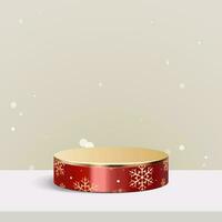 abstrakt falsk upp scen. snöflingor sömlös mönster röd och guld metall podium för visa kosmetisk produkt visa. skede piedestal eller plattform. vinter- jul vit bakgrund. 3d vektor