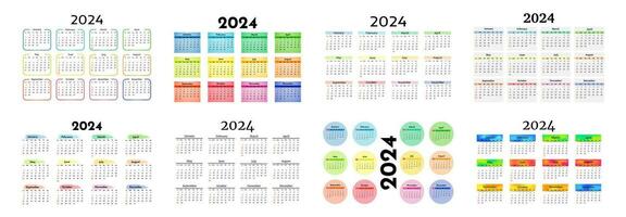 uppsättning av åtta kalendrar för 2024 isolerat på en vit bakgrund. söndag till måndag, företag mall. vektor illustration