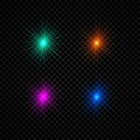 Licht bewirken von Linse Fackeln. einstellen von vier Grün, orange, lila und Blau glühend Beleuchtung Starburst Auswirkungen mit funkelt auf ein dunkel Hintergrund. Vektor Illustration