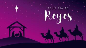 feliz dia de Reyes, glücklich Offenbarung. Spanisch Gruß Karte. Geburt Szene. religiös Banner. vektor