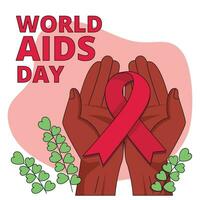 International AIDS Tag. Illustration mit Hände halten rot Band Symbol. Vektor Grafik.