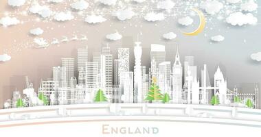 England. Winter Stadt Horizont im Papier Schnitt Stil mit Schneeflocken, Mond und Neon- Girlande. Weihnachten, Neu Jahr Konzept. Stadtbild mit Sehenswürdigkeiten. Bristol. Leeds. Sheffield. London. vektor