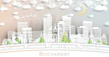 Bukarest Rumänien. Winter Stadt Horizont im Papier Schnitt Stil mit Schneeflocken, Mond und Neon- Girlande. Weihnachten und Neu Jahr Konzept. Santa Klaus. Bukarest Stadtbild mit Sehenswürdigkeiten. vektor