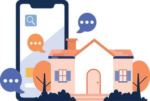 Hand gezeichnet Haus oder Geschäft mit ein Smartphone im das Konzept von echt Nachlass online im eben Stil vektor