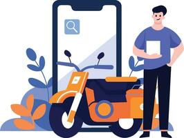 Hand gezeichnet Motorrad Mechaniker Charakter mit Smartphone im das Konzept von online Reparatur Techniker im eben Stil vektor
