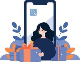 Hand gezeichnet weiblich Charakter halten ein Geschenk mit Smartphone im online Einkaufen Konzept im eben Stil vektor