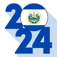 glücklich Neu Jahr 2024, lange Schatten Banner mit Salvador Flagge innen. Vektor Illustration.