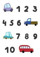 affisch med vägnummer. uppsättning barnbilar i tecknad stil vektor