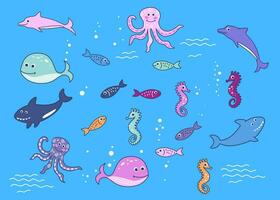 uppsättning med simning fisk, valar, hajar, bläckfiskar och sjöhästar. vektor