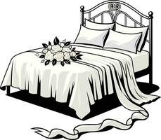 Hochzeit Bett mit ein seidig Weiß Blatt und Satin- Bänder, Vektor Illustration, Flitterwochen Bett im Weiß Thema mit Blume Blumensträuße auf Es, Lager Vektor Bild