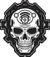 Cyberpunk Schädel Emblem das Verschmelzung von Mann und Maschine Vektor mechanisch Schädel Symbol ein technologisch Metamorphose