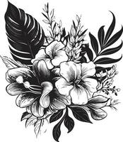 tropisk prakt botanisk blommig emblem i svart svart skönhet exotisk blommig logotyp herravälde vektor