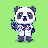 söt panda läkare med spruta tecknad serie vektor ikon illustration. djur- hälsa ikon begrepp isolerat premie vektor. platt tecknad serie stil