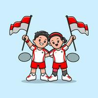 süß Spieler Badminton halten Indonesien Flagge Karikatur Vektor Symbol Illustration. Menschen Sport Symbol Konzept isoliert Prämie Vektor. eben Karikatur Stil