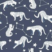 sömlös mönster med vild katter mot de bakgrund av de starry himmel. fantasi leoparder i Plats. abstrakt vektor grafik.