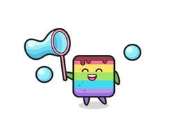 glückliche Regenbogenkuchenkarikatur, die Seifenblase spielt vektor