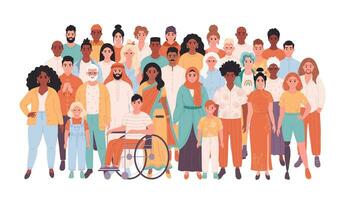 folkmassan av människor av annorlunda lopp, nationaliteter, ålder, människor med handikapp. mångkulturell samhälle. social mångfald av människor i modern samhälle. vektor