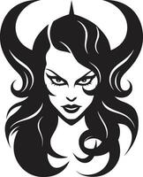 verführerisch Schönheit schwarz Logo Design mit Dämon Symbol schwarz und Fett gedruckt schön weiblich Dämon Vektor Emblem