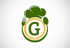 Initiale Alphabet G mit Koch Hut, Löffel und Gabel. modern Vektor Logo zum Cafe, Restaurant, Kochen Geschäft, und Unternehmen Identität