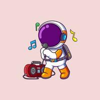 söt astronaut lyssnande musik och sång med boombox tecknad serie vektor