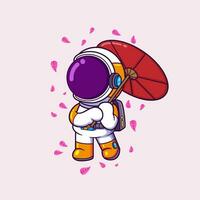 süß Astronaut mit traditionell japanisch Regenschirm Karikatur Charakter vektor