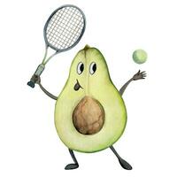 hand dragen vattenfärg söt avokado karaktär spelar tennis med racketen och boll. kondition hälsa öva. illustration isolerat sammansättning, vit bakgrund. design affisch skriva ut, hemsida, kort, Gym vektor