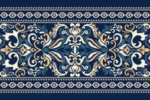 Ikat Blumen- Paisley Stickerei auf Marine Blau hintergrund.ikat ethnisch orientalisch Muster traditionell.aztekisch Stil abstrakt Vektor illustration.design zum Textur, Stoff, Kleidung, Verpackung, Dekoration, Sarong.