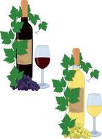 röd och vit vin flaskor och glasögon kompositioner med druva vinstockar och knippa av vindruvor vektor illustration