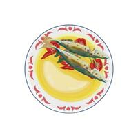 Illustration Logo indonesisch traditionell Essen Papada mit Gelb Suppe Fisch Suppe vektor