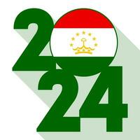 glücklich Neu Jahr 2024, lange Schatten Banner mit Tadschikistan Flagge innen. Vektor Illustration.