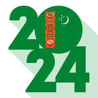 glücklich Neu Jahr 2024, lange Schatten Banner mit Turkmenistan Flagge innen. Vektor Illustration.