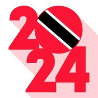 glücklich Neu Jahr 2024, lange Schatten Banner mit Trinidad und Tobago Flagge innen. Vektor Illustration.