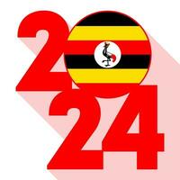glücklich Neu Jahr 2024, lange Schatten Banner mit Uganda Flagge innen. Vektor Illustration.