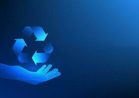 teknologi bakgrund, återvinning symbol i hand den representerar samarbete i minska avfall förbi förvandla den så den där den kan vara återanvänds. eller vara ytterligare tagit fram in i Produkter för försäljning vektor
