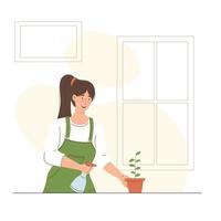 Illustration einer Frau, die Pflanzen in ihrem Garten gießt vektor