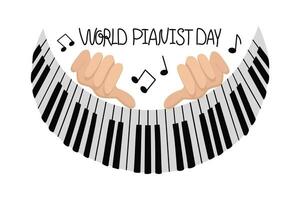 Hände Pianist. Welt Klavier Tag. Hände und Klavier Schlüssel. Musik- Anmerkungen. Musical Instrument. Beschriftung. vektor