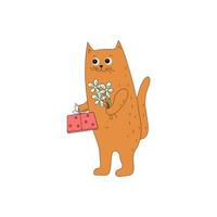 tecknad serie katt med en gåva och en bukett av blommor. vektor