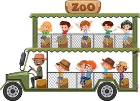 Zoo-Konzept mit Kindern auf Touristenauto lokalisiert auf weißem Hintergrund vektor