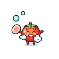 tomater karaktär badar medan du håller tvål vektor