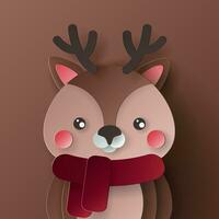 vektor söt jul papper skära 3d rådjur med skugga på färgad bakgrund. vinter- djur- design för presentation, baner, omslag, webb, flygblad, kort, försäljning, affisch, glida och social media