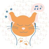 Kinder- Zeichnung von ein Hamster Gesicht. Hören zu Musik. Gekritzel Stil. Zeichnung durch Hand. Vektor Illustration