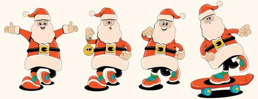 komisch retro Santa claus Figuren. einstellen von posieren Vektor Abbildungen von Weihnachten Symbol im 60er-80er Jahre Stil. fröhlich Weihnachten und glücklich Neu Jahr.