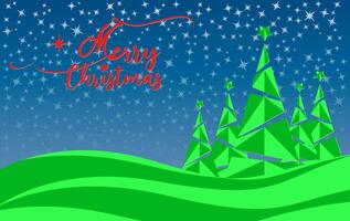 Winter Landschaft mit abstrakt Bäume Banner und fröhlich Weihnachten Typografie Grüße. Urlaub Netz Grün Hintergrund mit sternenklar Blau Himmel, gif Karte Feier glücklich Neu Jahr vektor