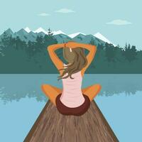 kvinna njuter henne semester på berg sjö. begrepp för högtider och resa. platt vektor illustration