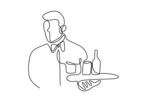 kontinuerlig enradsteckning av servitrisen som håller ett serveringsfack. vektor