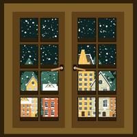 vinter- landskap. se från de fönster. ny år affisch. vinter- i by. platt vektor illustration