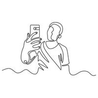 Kontinuierliche einzeilige Zeichnung einer Person, die ein Selfie mit dem Smartphone macht vektor