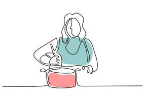 Kontinuierliche eine Strichzeichnung Mädchen kochen Essen Vector Illustration.