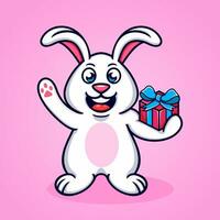 tecknad serie kanin med gåva låda, roligt, rolig, söt, Häftigt. vektor